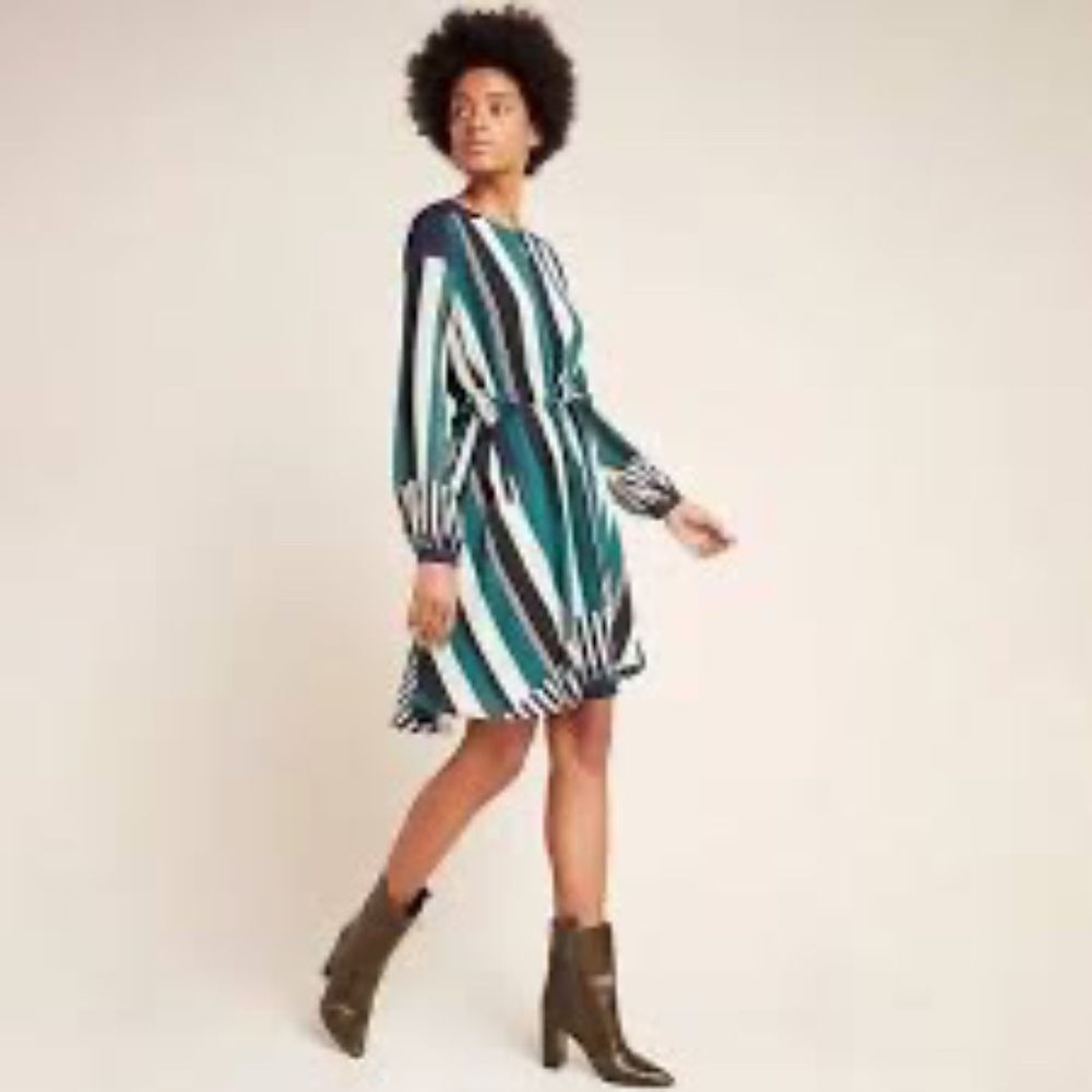 Anthropologie Sunday In Brooklyn Striped Green Leger Long Sleeve Dress Sz XS